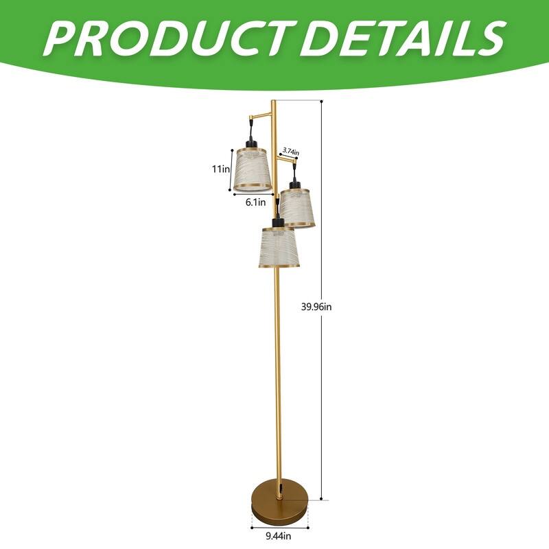 Modern 3-Light Tree Floor Lamp With Acrylic Shades, Antique Brass Standing Lamp For Living Room & Bedroom
