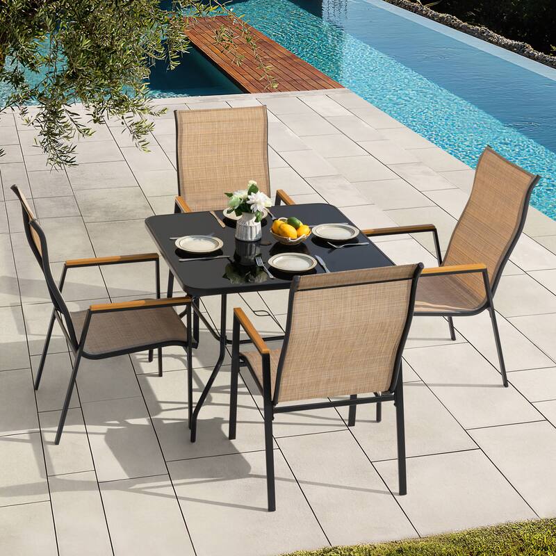 5-Piece Textilene Patio Dining Set with Umbrella Hole, Stackable Design