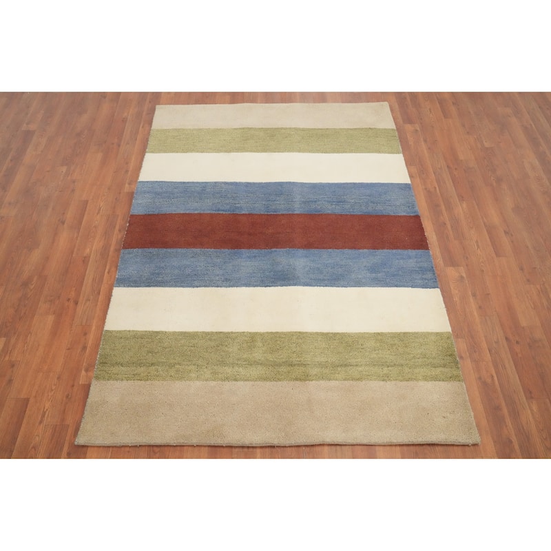Hand Knotted Oriental 100% Wool Carpet Modern Stripe Multi-Colored Gabbeh Area Rug - 6' 3'' X 4' 7''