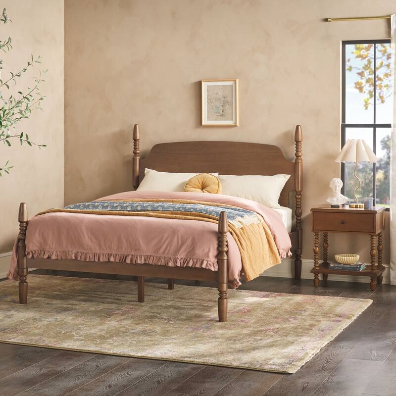 Walker Edison Spindle Queen Bed with 1-Drawer Nightstand Bedroom Set