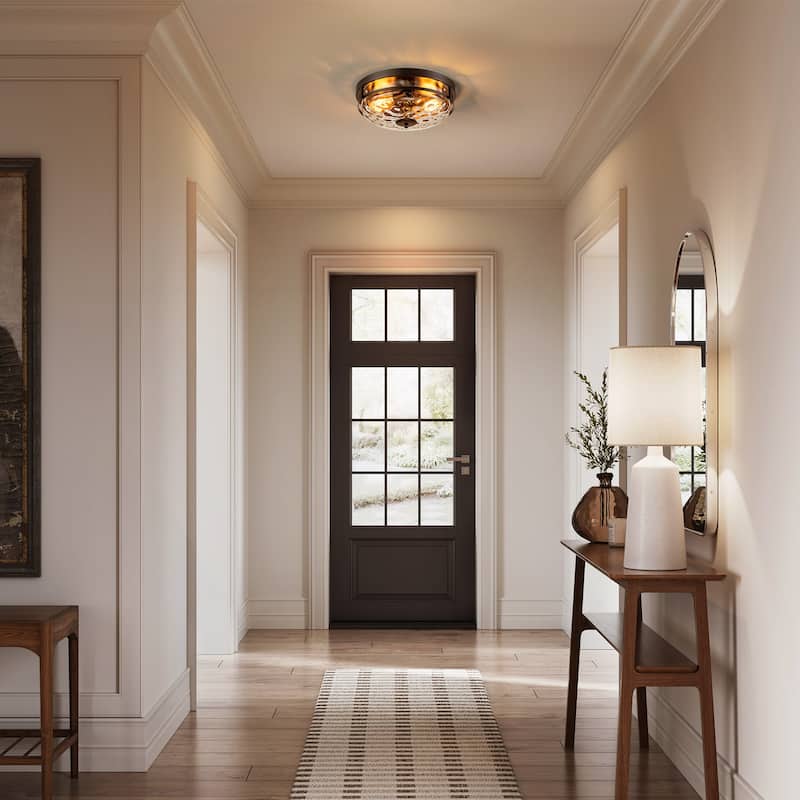 2-Light Modern Industrial Black Dome Clear Water Rippled Glass Flush Mount Ceiling Light - 12.9 in. W x 5.5 in. H