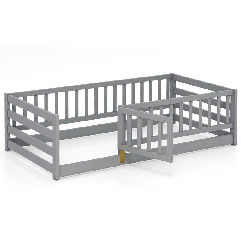 Montessori Solid Pine Wood Frame Twin Floor Bed with Safety Fence and Lockable Door No Slats
