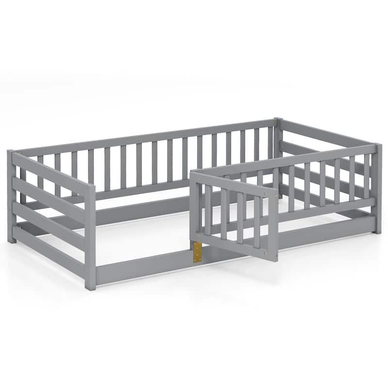 Montessori Solid Pine Wood Frame Twin Floor Bed with Safety Fence and Lockable Door No Slats