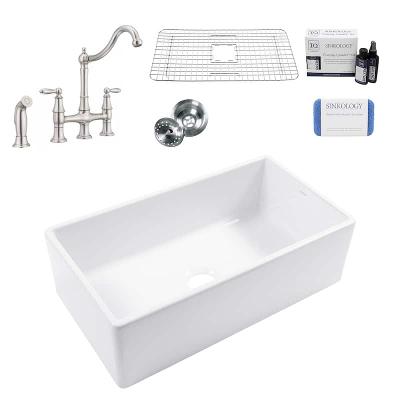 Sinkology Austen Crisp White Fireclay 33" Single Bowl Farmhouse Apron Kitchen Sink with Stainless Bridge Faucet Kit