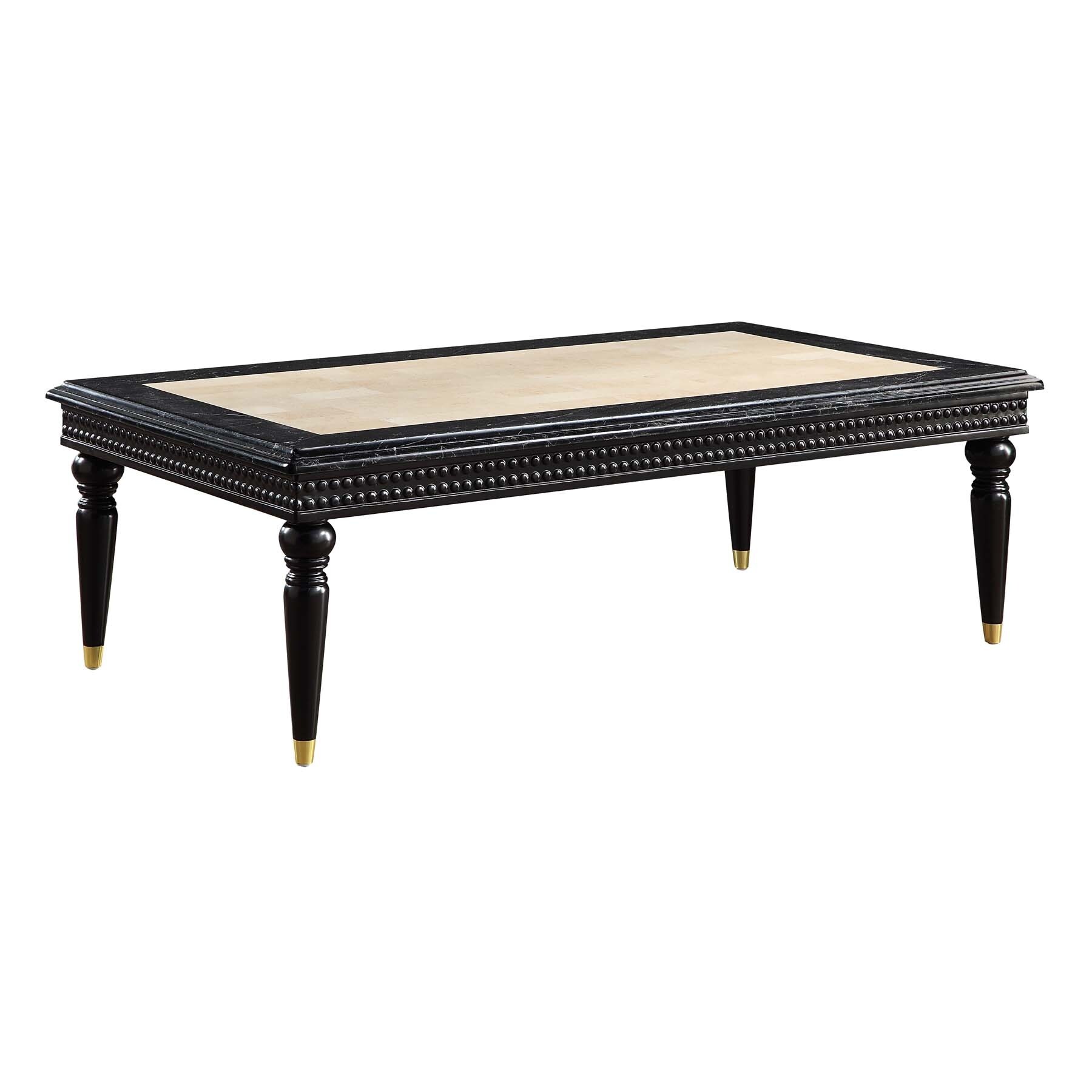 Simple Relax Rectangular Marble Top Coffee Table with Wooden Turn Legs in Black