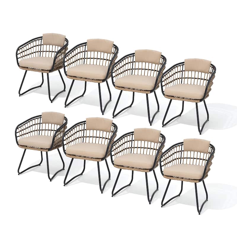 Outdoor Wicker Chairs Patio Dining Chairs Cushioned PE Rattan Seating Set - Beige, 8PCS