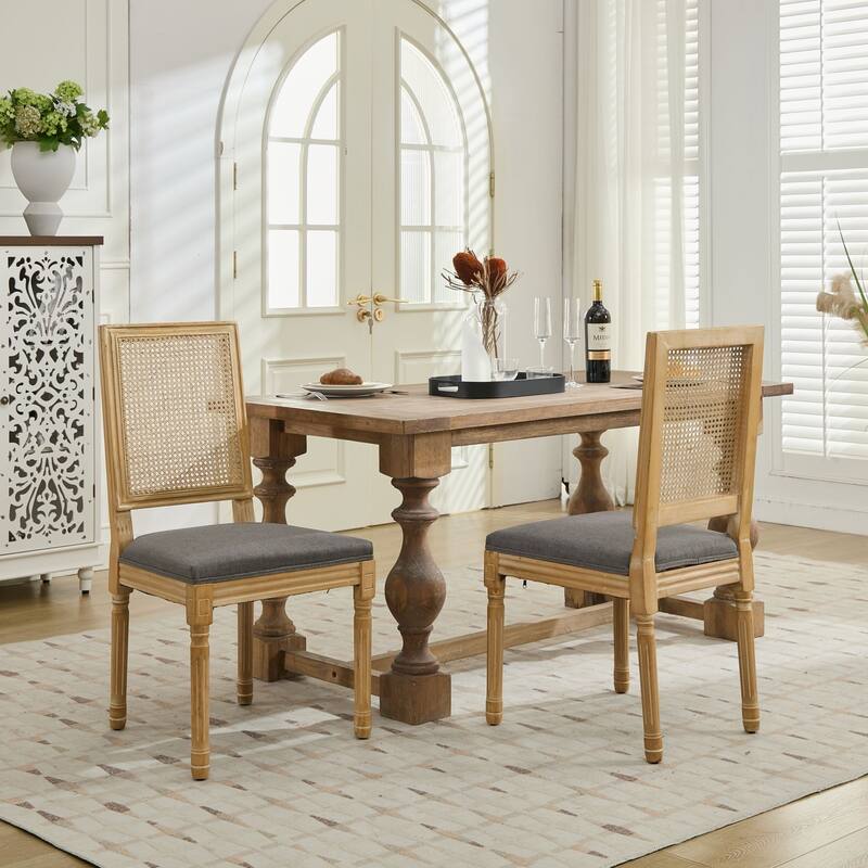 French Decor Chairs Set of 2, Louis Dining Chairs with Square Rattan Backrest and Exquisitely Carved Solid Wood Frame
