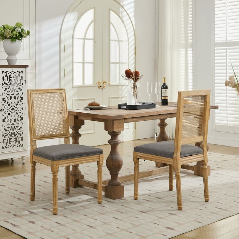 Square Rattan Backrest Dining Chairs, Solid Wood Frame Accent Chair