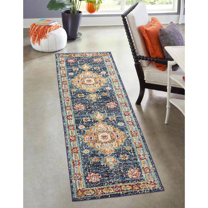 ECARPETGALLERY Machine Made Lotus Navy Area Rug