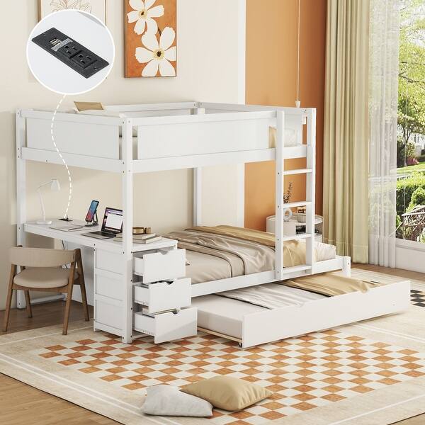 slide 2 of 59, Full-Over-Full Bunk Bed with Twin size Trundle, Storage and Desk,with USB and 3 Plugs White