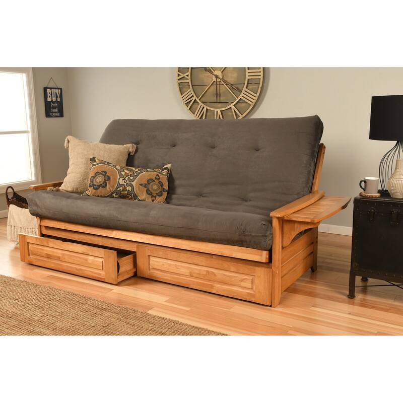 Somette Phoenix Queen-size Storage Futon Set in Butternut Finish with Suede Mattress - Suede Gray