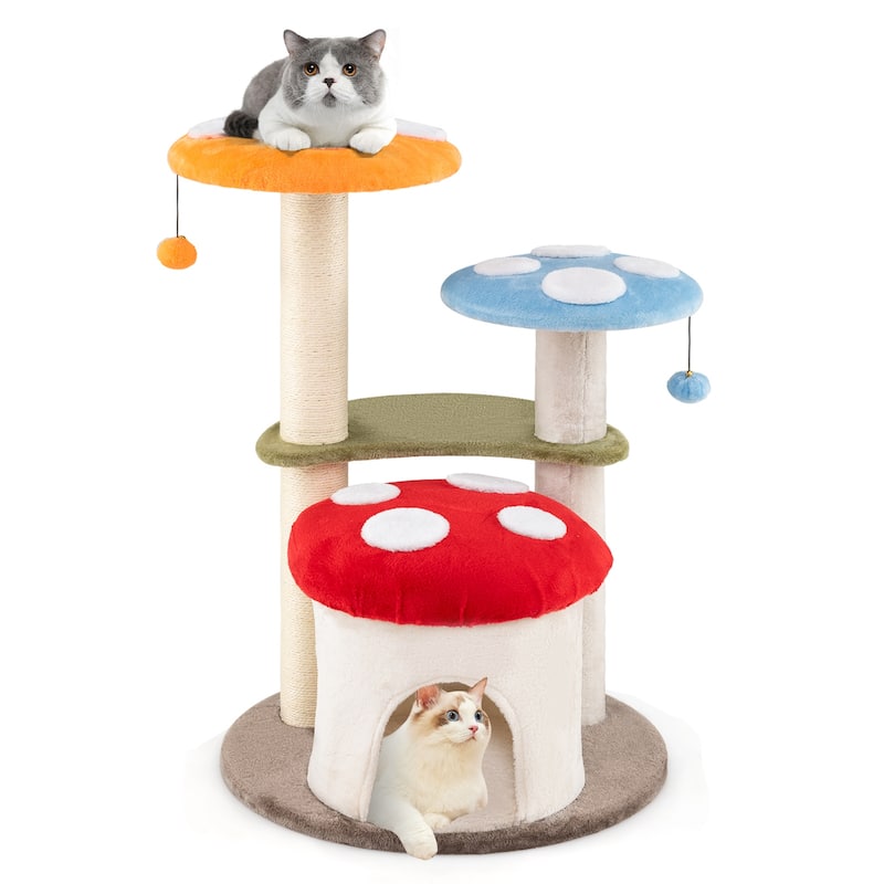 Colorful Mushroom Cat Tree with Multi-Level Platforms and Sisal Scratching Posts 35 Inch