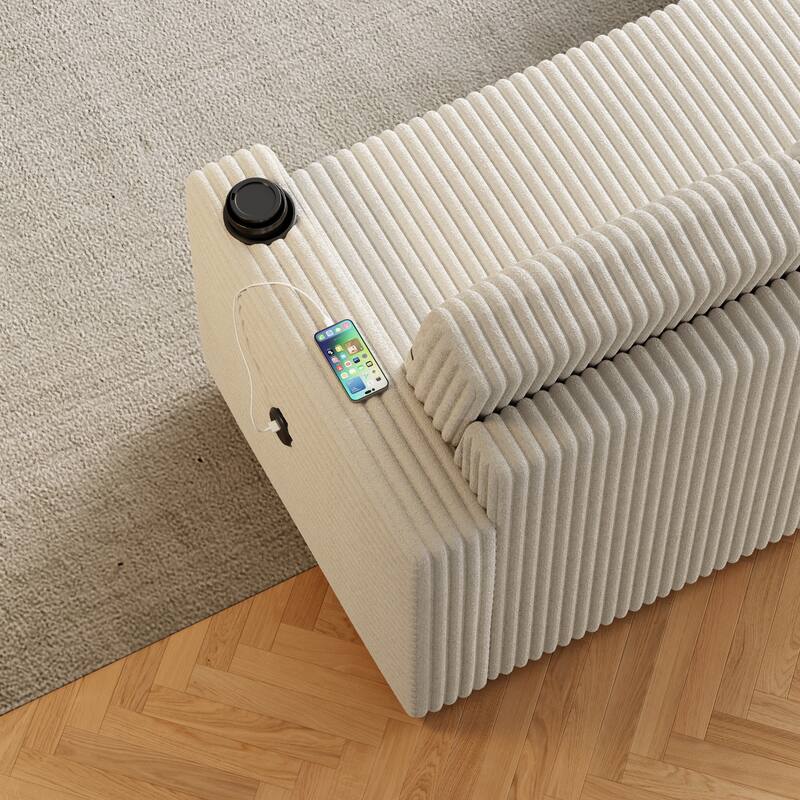 Corduroy Sleeper Sofa Bed with Storage Chaise, Dual Cup Holders, and USB Charging Port Convertible Couch for Living Room