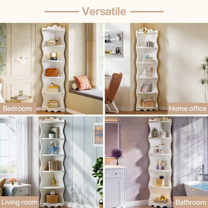 70.8" Tall White Corner Shelf, 6-tier Corner Bookshelf Bookcase - 13.8" D x 13.8" W x 70.8" H