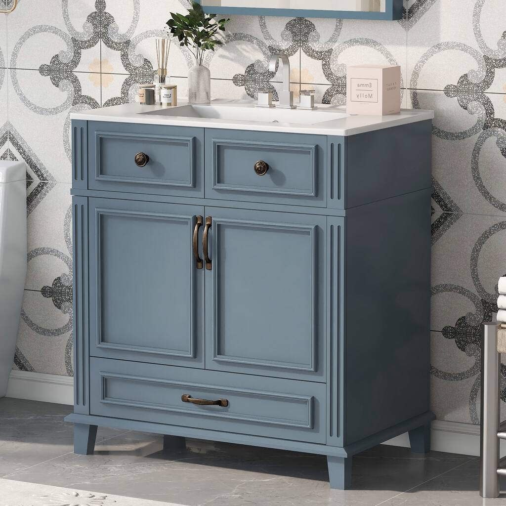 Bathroom Vanity with Ceramic Sink,Solid Wood Frame Bathroom Storage Cabinet with Soft Closing Doors,Retro Style