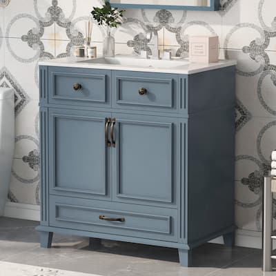 Roomfitters 30" Bathroom Vanity with Ceramic Sink, Solid Wood Cabinet, Soft Closing Doors, Retro Style, Blue