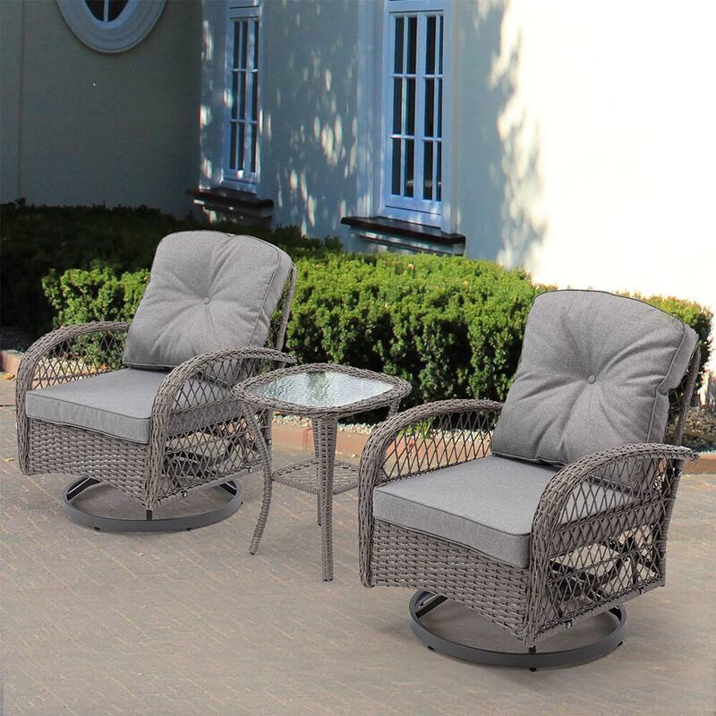 3 Pieces Outdoor Swivel Rocker Chairs, 360 Degree, Thickened Cushions & Glass Coffee Table