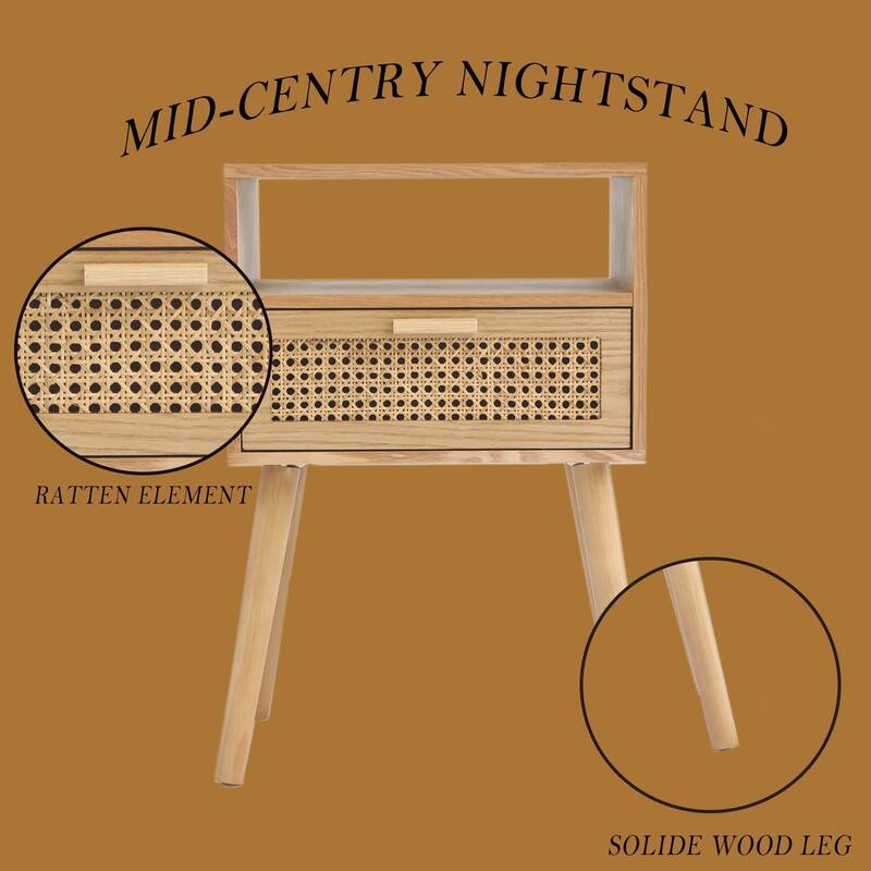 Modern Nightstand Rattan Side End Table with Storage,Accent Bedside Farmhouse Tables with Solid Wood Legs, Easy Assembly
