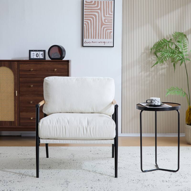 27.56" Modern Accent Chair w/ Plush Cushions & Minimalist Metal Frame & Wooden Armrest Design