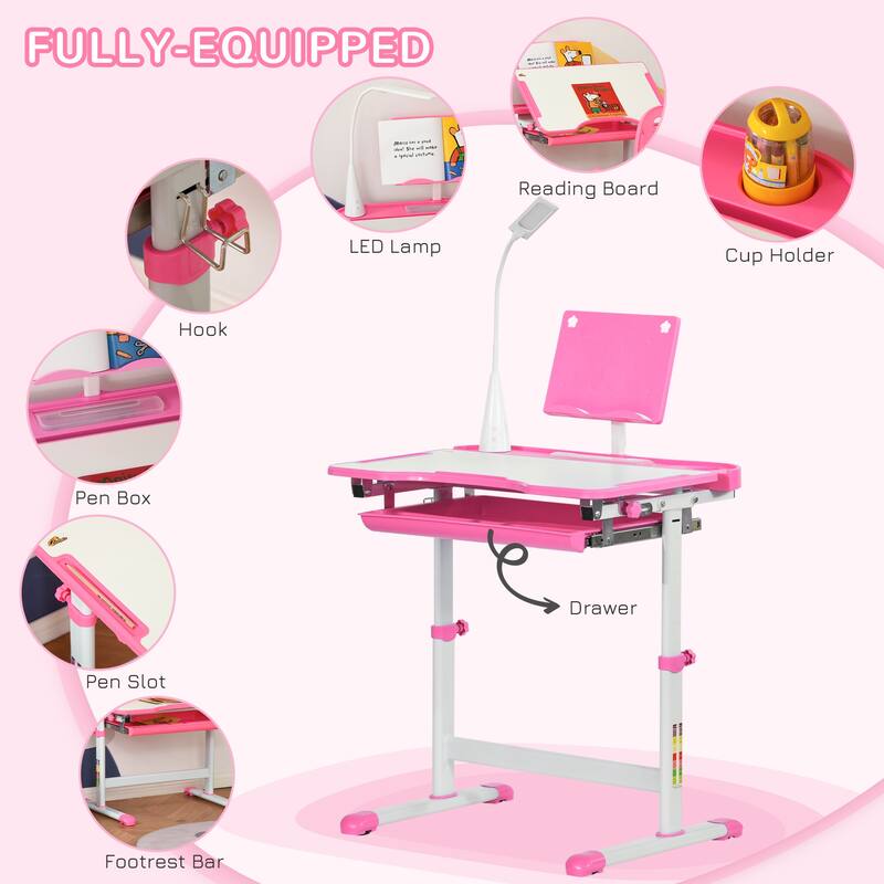 Pink Adjustable Kids Desk and Chair Set with Tilt Desktop Drawer Pen Slots Cup Holder and USB Lamp Ergonomic