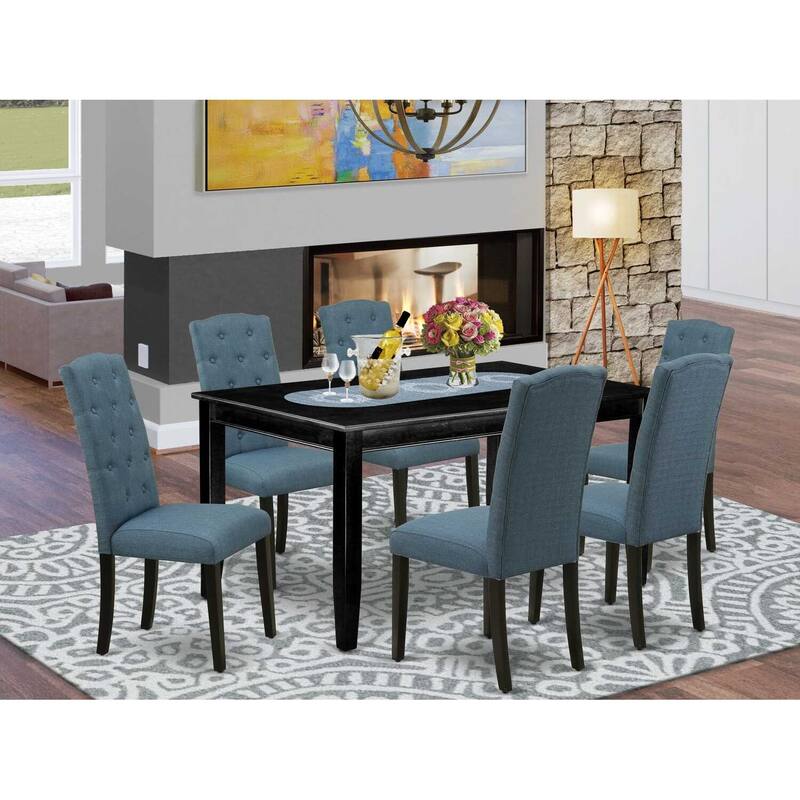 HomeStock 7-Piece Rectangle Black Finish Solid Wood Top Dining Table with 6-Parson Chairs with Lattice Back
