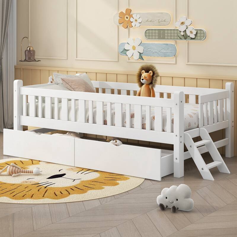 Wood Twin Size Platform Bed with Guardrail and 2 Drawers