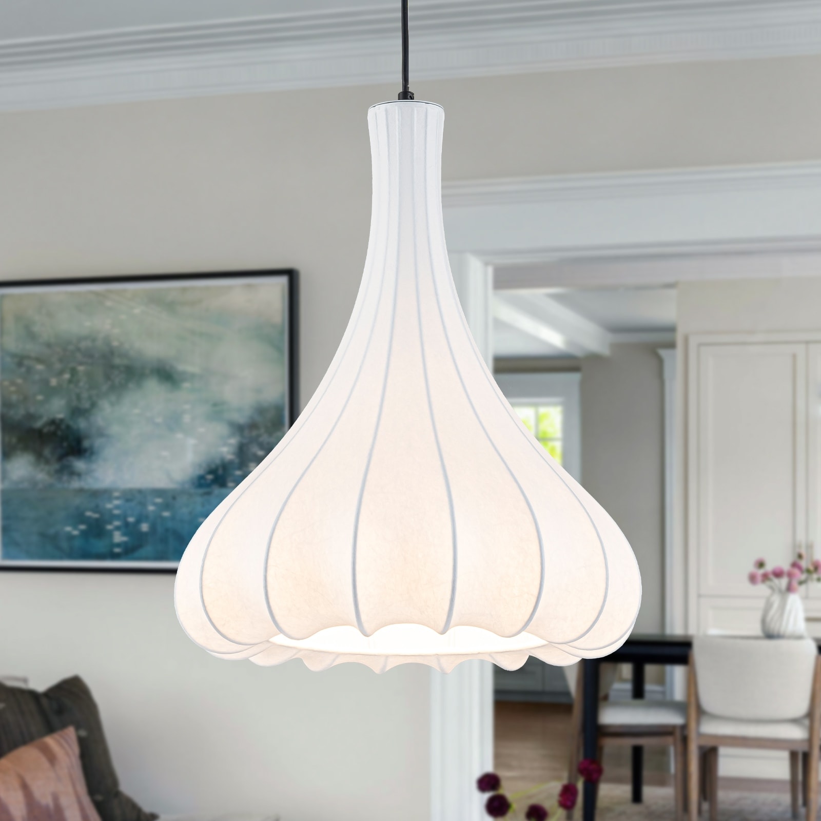 White Fluted Bell Fabric Pendant Light for Bedroom & Living Room - Dia.13.78-in