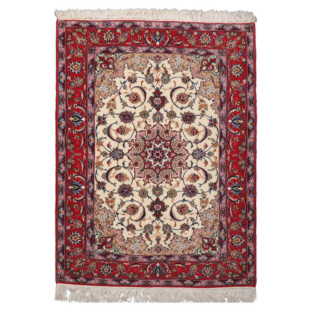 3'8''x5'4'' Hand Knotted Wool Ivory Isfahan Traditional 400 KPSI Rug - 3' 8'' x 5' 4''