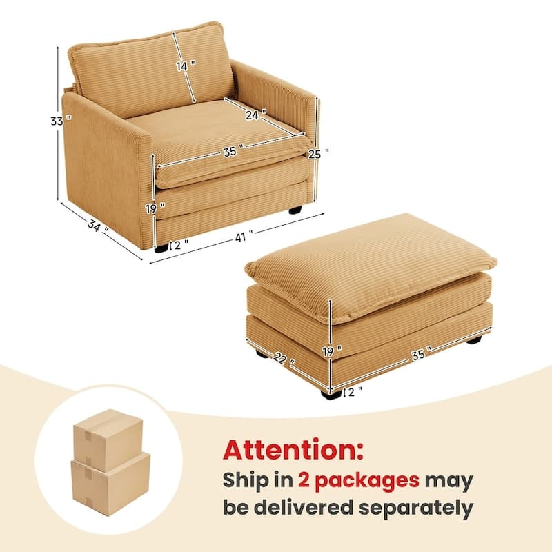 Oversized Corduroy Armchair with Plush Cushions and Movable Ottoman