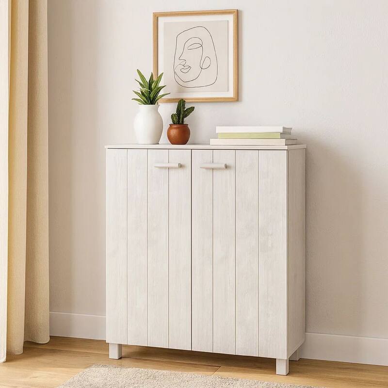 Accent Shoe Cabinet, 2 Doors, Farmhouse White Solid Pine Wood