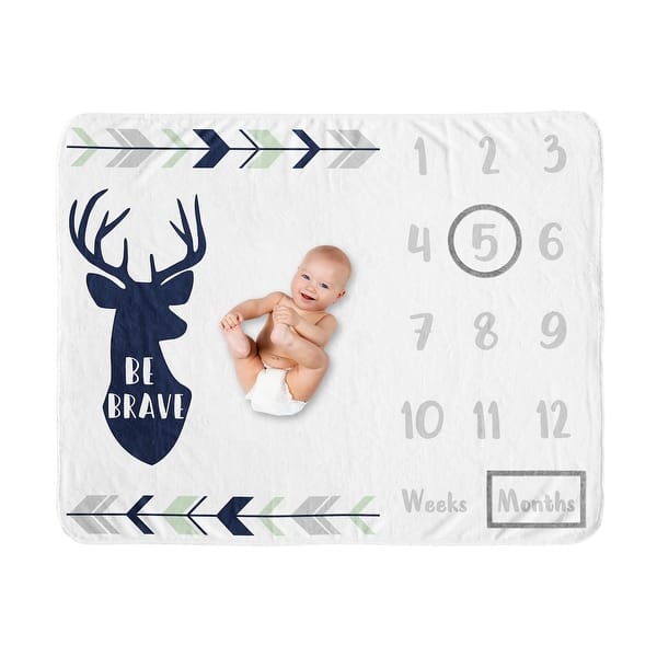 slide 2 of 6, Woodland Deer Collection Boy Baby Monthly Milestone Blanket - Navy Blue, Mint and Grey Woodsy Forest Arrow Be Brave
