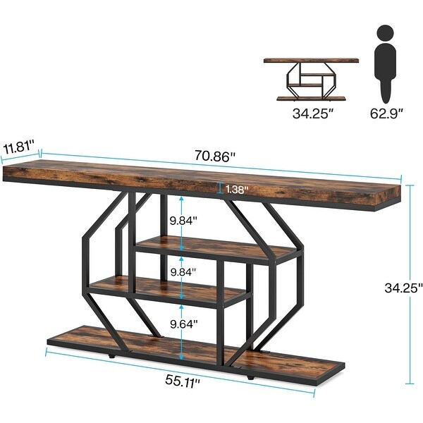 43.3" Farmhouse Console Table - C-Shaped Entryway Table With Storage, Behind Couch Sofa Table, Brown