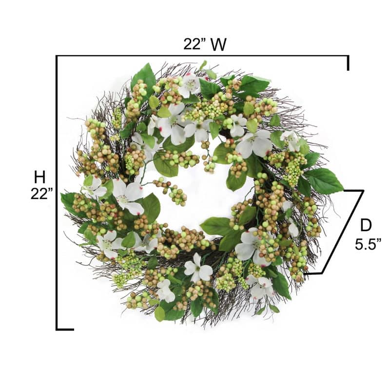 22" Dogwood, Berry Wreath Spring Greenery For Door Wall Wreath