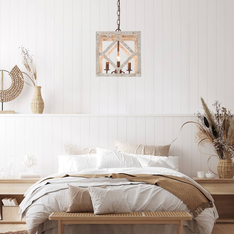 Farmhouse 4-Light Distressed Wood Chandelier for Dining Room - L12"x W12"x H14"