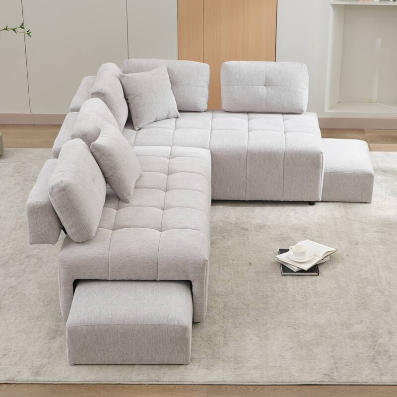 91.73" L-Shaped 4-Seat Sectional Sofa with 2 Hidden Stools, 2 Removable Lumbar Cushions, and Durable Chenille Fabric