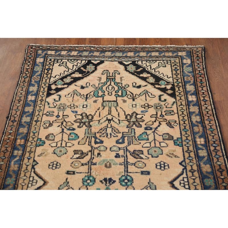 Hand Knotted Oriental 100% Wool Carpet Traditional Floral Peach Hamedan Runner Rug - 9' 7'' X 3' 1''