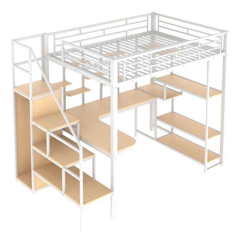Full Size Metal Loft Bed with Storage Staircase, Built-in Desk, Wardrobe, and Shelves, White