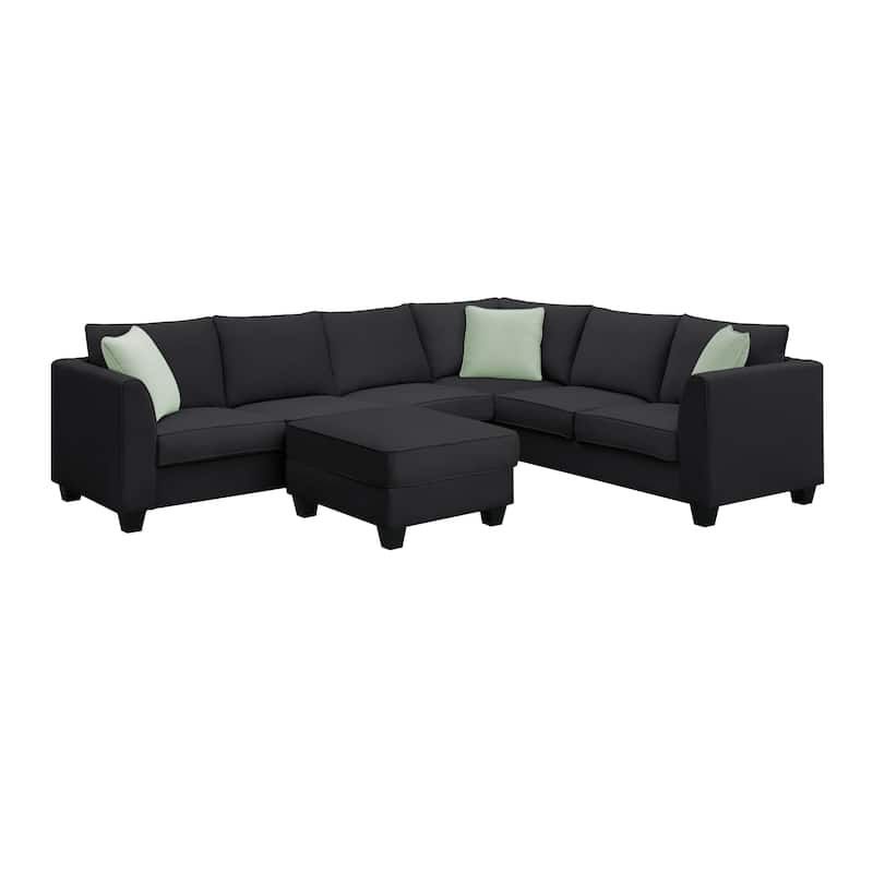112'' Spacious L-Shaped 7-Seat Modular Sectional Sofa with Ottoman and 3 Pillows, Sturdy Wood and Metal Frame