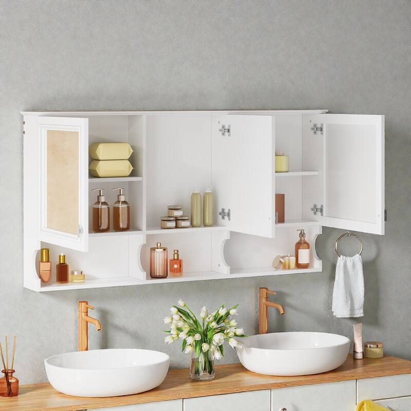 55 Inch Mirrored Medicine Cabinet with Open Shelves, Wall Mounted Bathroom Storage Cabinet with Doors