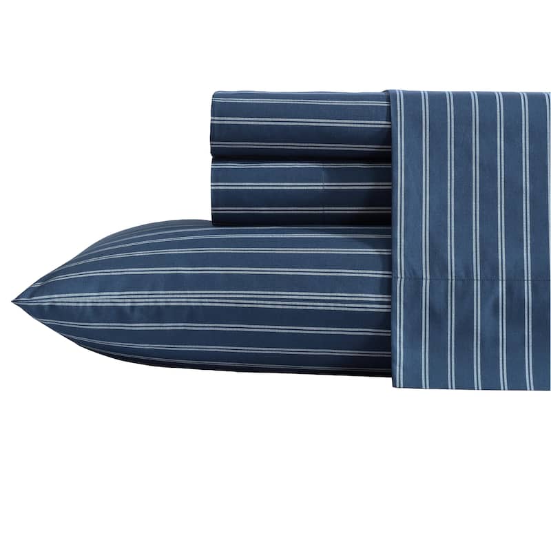 Nautica Cotton Percale Deep Pocket Bed Sheet Sets - Twin - Richmond Stripe Blue