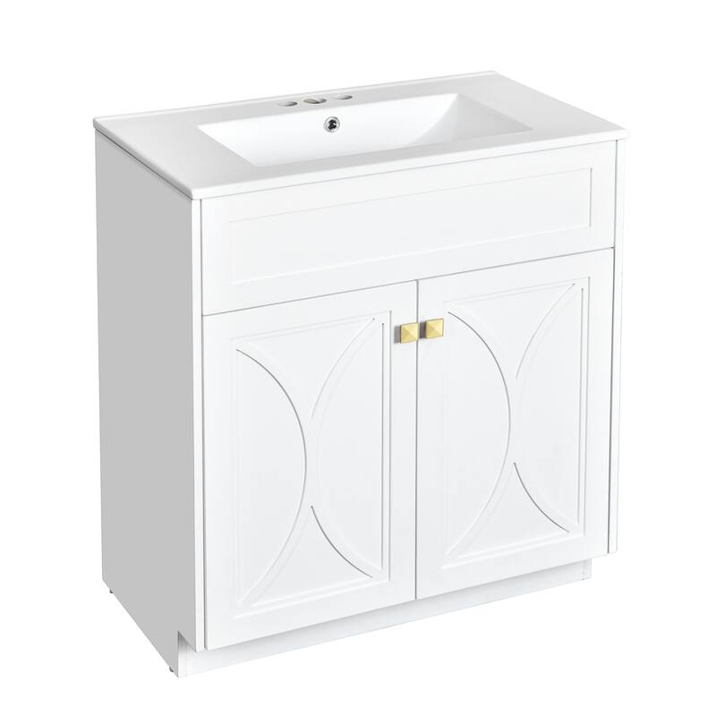 60"Bathroom Vanity with Ceramic Sink Combo, Modern Freestanding Storage Cabinet with Gold Handles, Soft Closing Doors