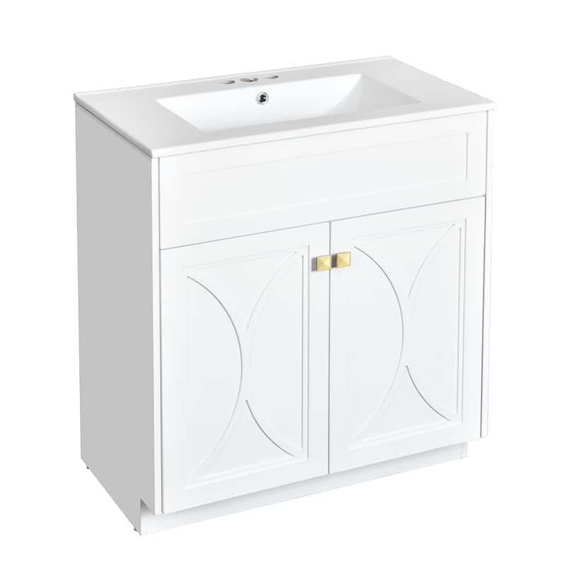 Roomfitters 30" Vanity with Ceramic Sink, Freestanding Cabinet with Gold Handles and Soft Closing Doors