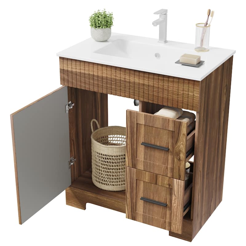 EROMMY Bathroom Vanity with Sink and Faucet, Freestanding Vanity Cabinet with Drawers & Doors, White Ceramic Top