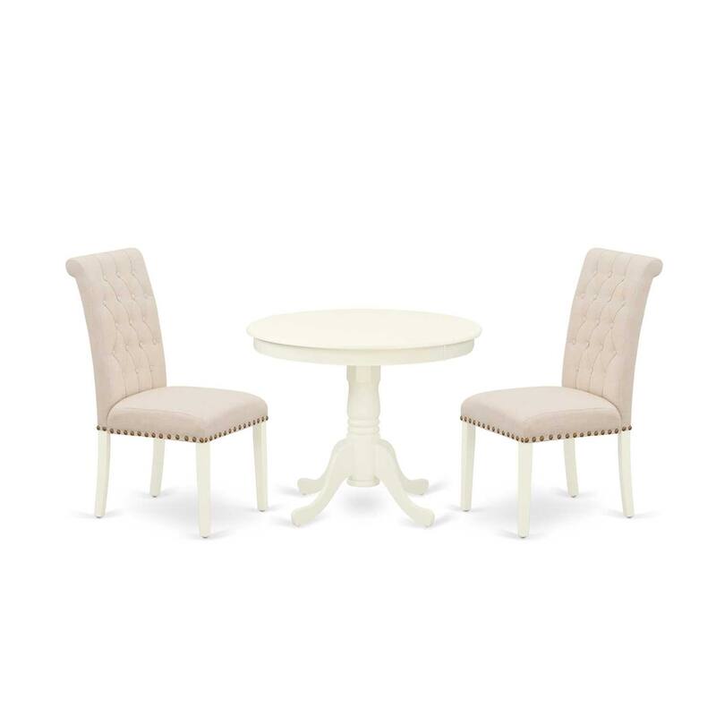 3-Piece Linen White Finish Solid Wood Top - Round Dining Room Set - Seats 4