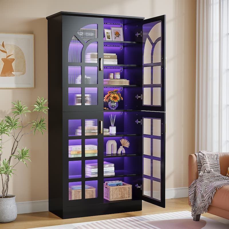 Pantry Cabinet with LED Lights, 68.9" Tall Adjustable Storage Cabinet