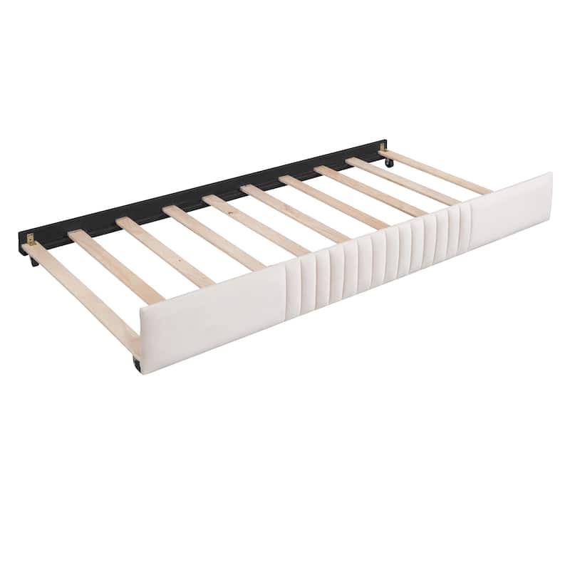 Twin Size Upholstered Daybed Sofa Bed w/Trundle, Wooden Platform Bedframe for Bedroom Living Room Guest Room, Wood Slat Support