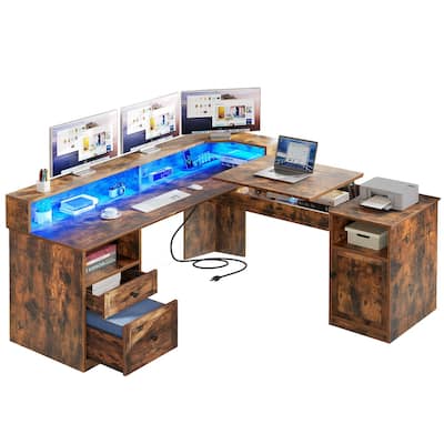 Moasis 59" L Shaped Desk Corner LED Computer Gaming Desk with File Cabinet and Lift Table Top