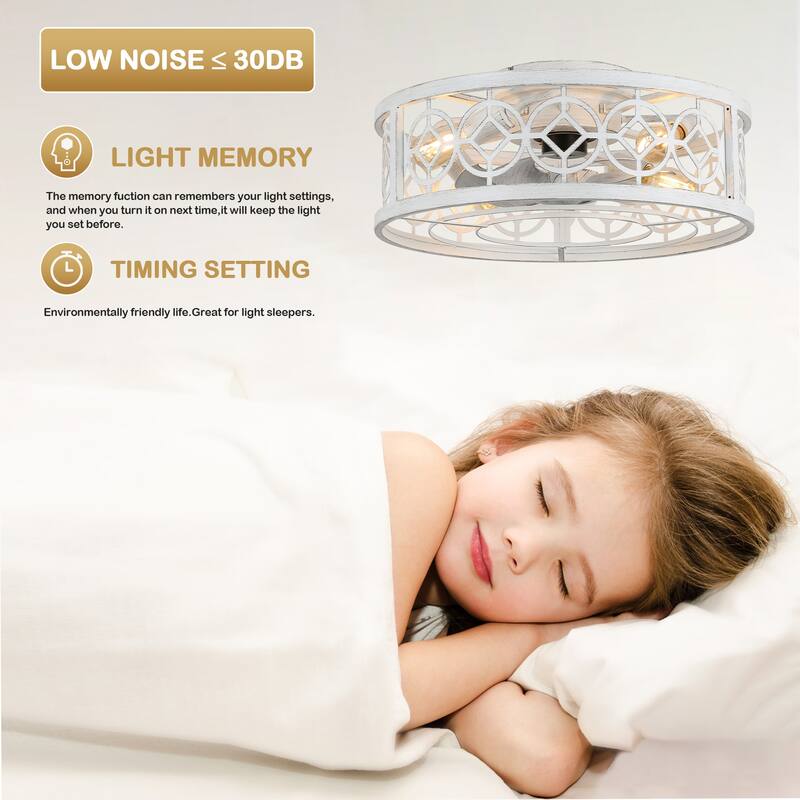 20" Flush Mount Caged Ceiling Fan with Light and Remote, Distressed White Metal 3-Speed Reversible Dc Motor