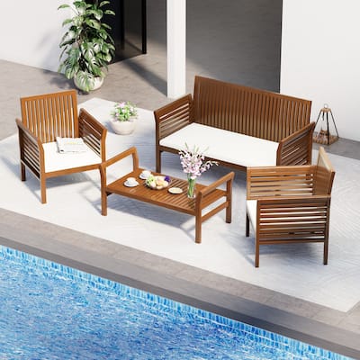 EROMMY 4-Piece Wood Patio Furniture Set with Waterproof Cushions, Outdoor Conversation Set for Garden Backyard Poolside