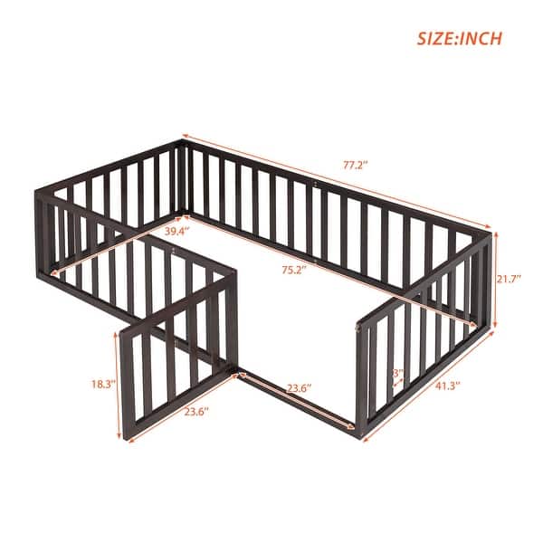 dimension image slide 0 of 4, Twin Floor Bed Frame, Fun Fence Design with Openable Door, No Slats
